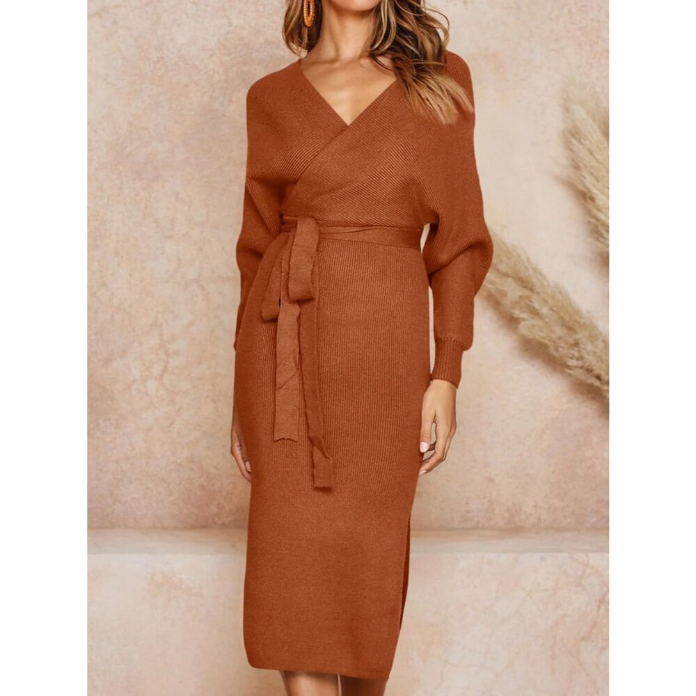 Women's Sweater Dress Wrap Batwing V Neck Slit Bodycon Dress with Belt Rust - Picture 5 of 6